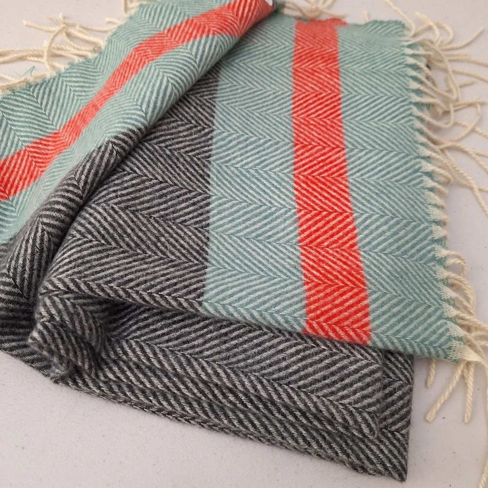 Herringbone Scarf Shawl Wrap Teal Coral Gray Neutral Fringe Ends Cozy Warm